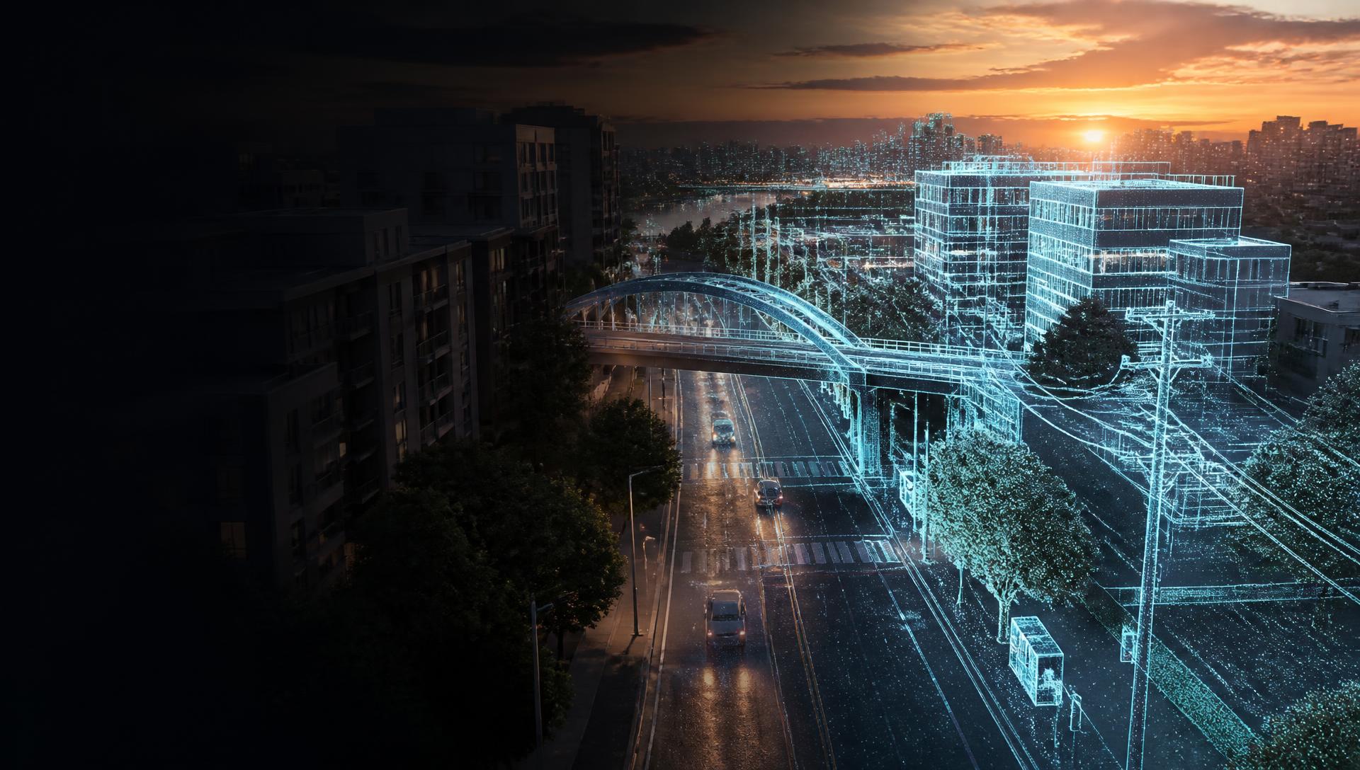 Isometric view of an urban corridor with bridge and utilities, partly rendered as a point cloud